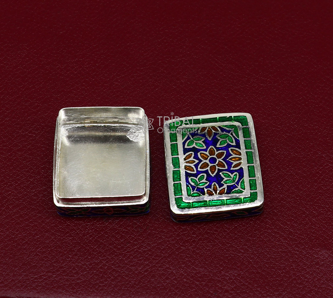 Handmade Enamel work 925 sterling silver trinket box, casket box, container, Sindoor box vintage design enamel brides jewelry stb776 - TRIBAL ORNAMENTS