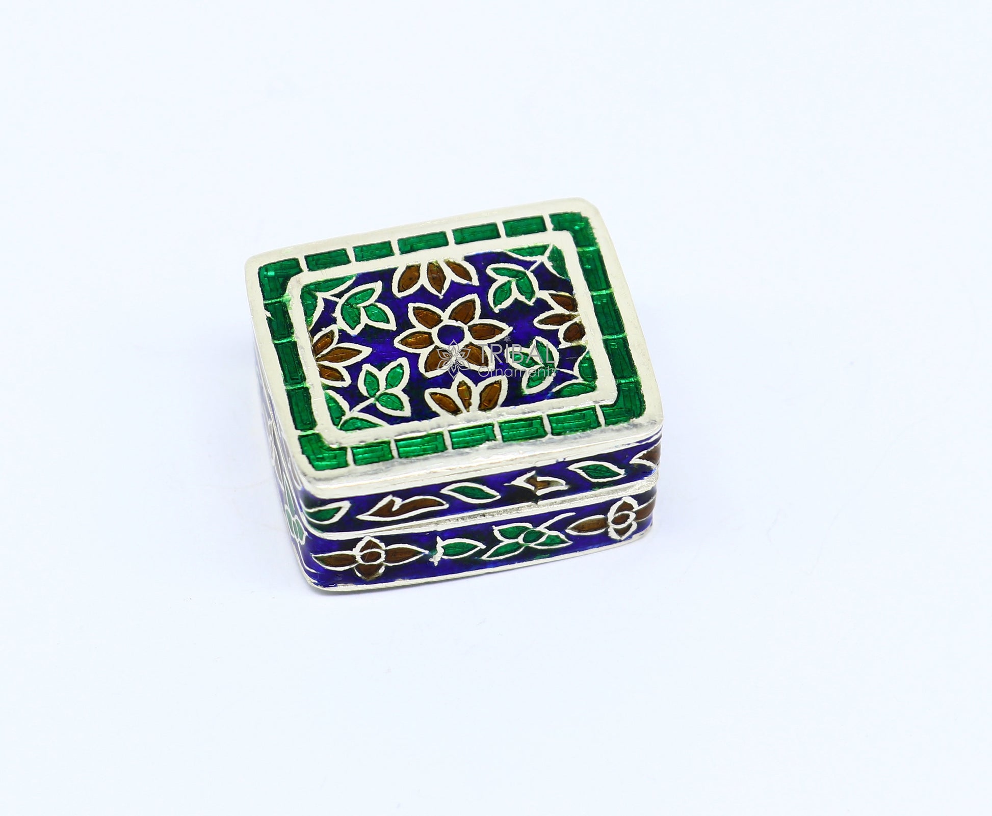 Handmade Enamel work 925 sterling silver trinket box, casket box, container, Sindoor box vintage design enamel brides jewelry stb776 - TRIBAL ORNAMENTS