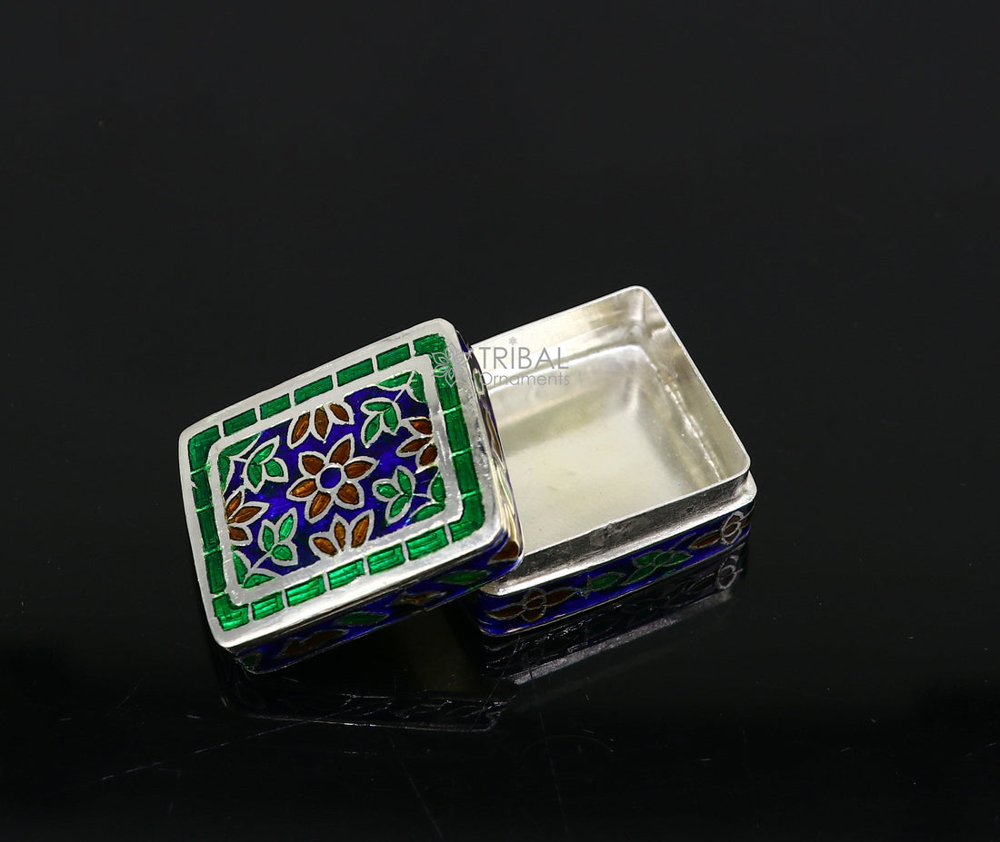 Handmade Enamel work 925 sterling silver trinket box, casket box, container, Sindoor box vintage design enamel brides jewelry stb776 - TRIBAL ORNAMENTS