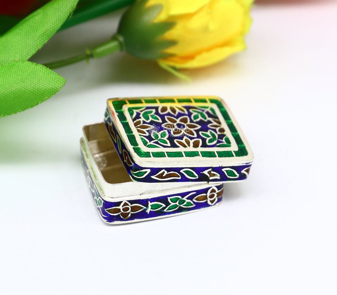 Handmade Enamel work 925 sterling silver trinket box, casket box, container, Sindoor box vintage design enamel brides jewelry stb776 - TRIBAL ORNAMENTS