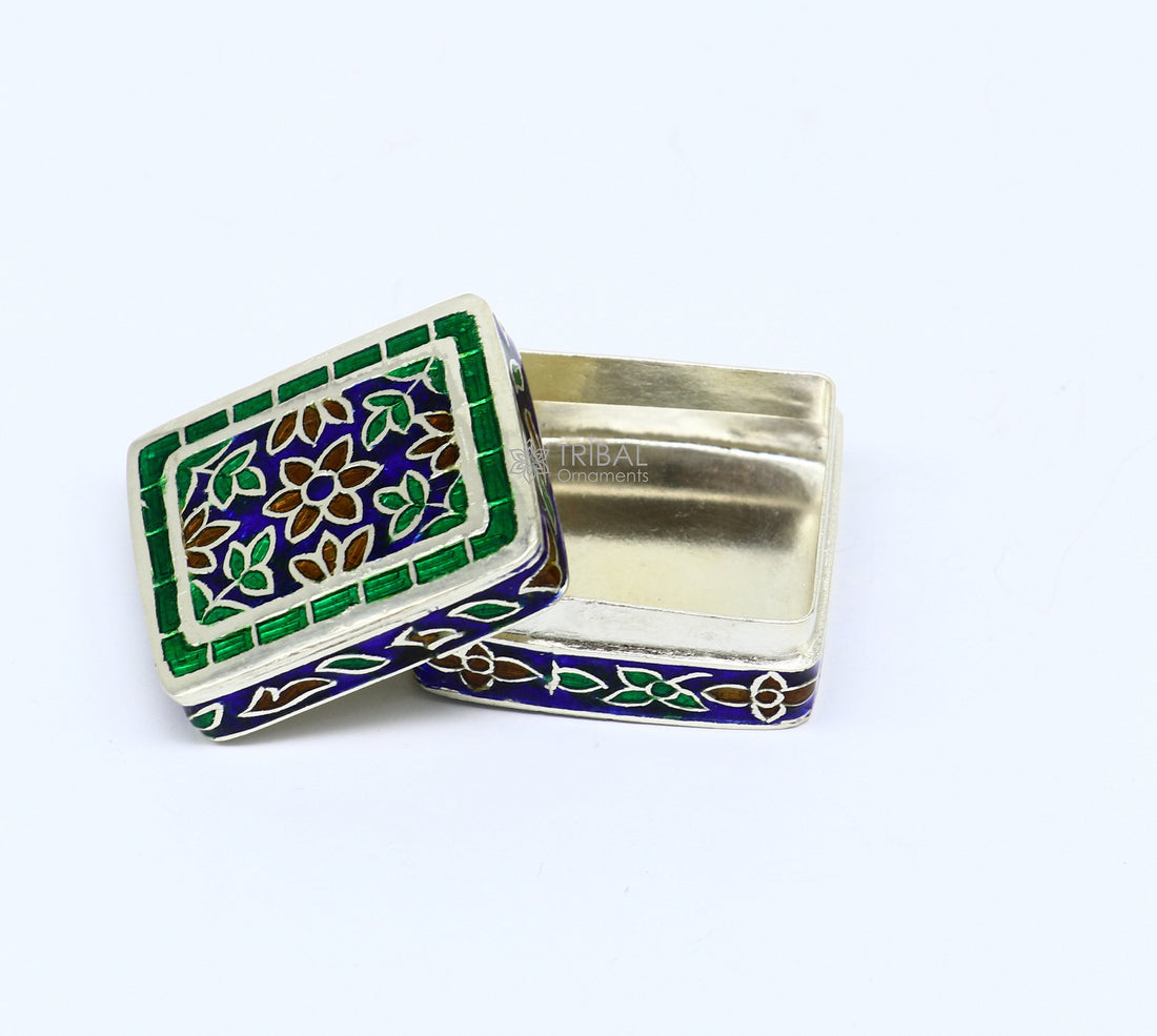 Handmade Enamel work 925 sterling silver trinket box, casket box, container, Sindoor box vintage design enamel brides jewelry stb776 - TRIBAL ORNAMENTS