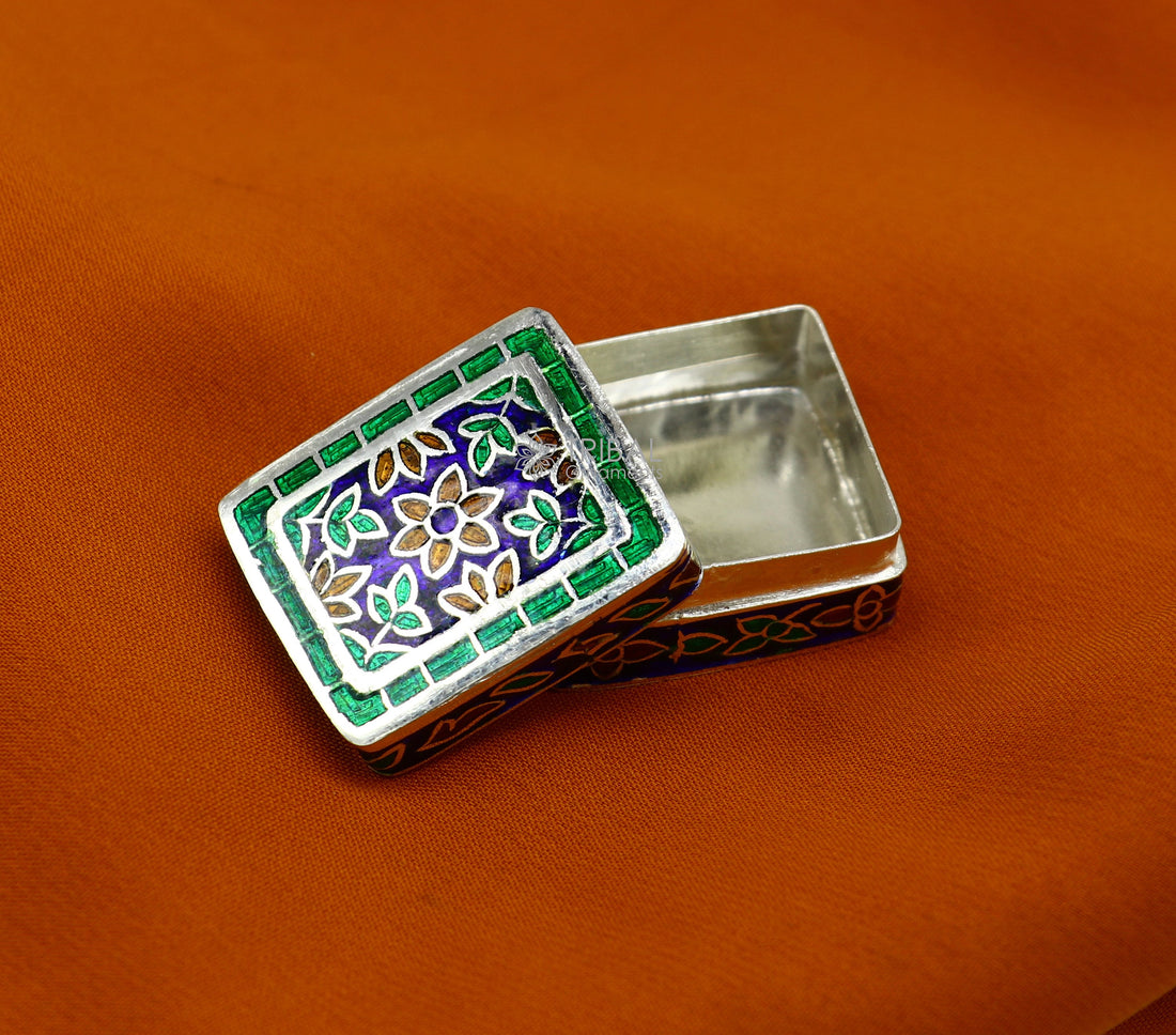 Handmade Enamel work 925 sterling silver trinket box, casket box, container, Sindoor box vintage design enamel brides jewelry stb776 - TRIBAL ORNAMENTS