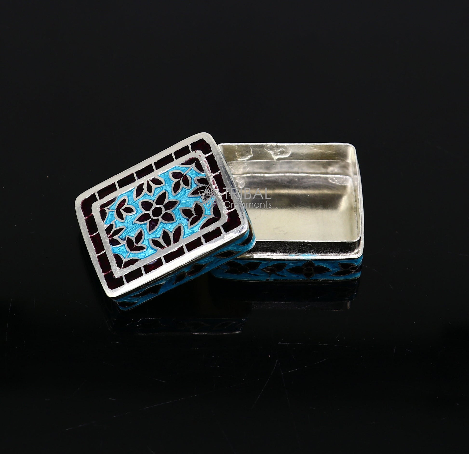 3.3 x 2.8 cm Enamel work 925 sterling silver trinket box, casket box, container, Sindoor box vintage design enamel brides jewelry stb777 - TRIBAL ORNAMENTS