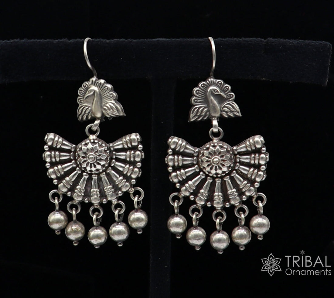 925 sterling silver handmade fabulous peacock design hoops earrings with hanging drops tribal ethnic brides jewelry belly dance india s1160 - TRIBAL ORNAMENTS