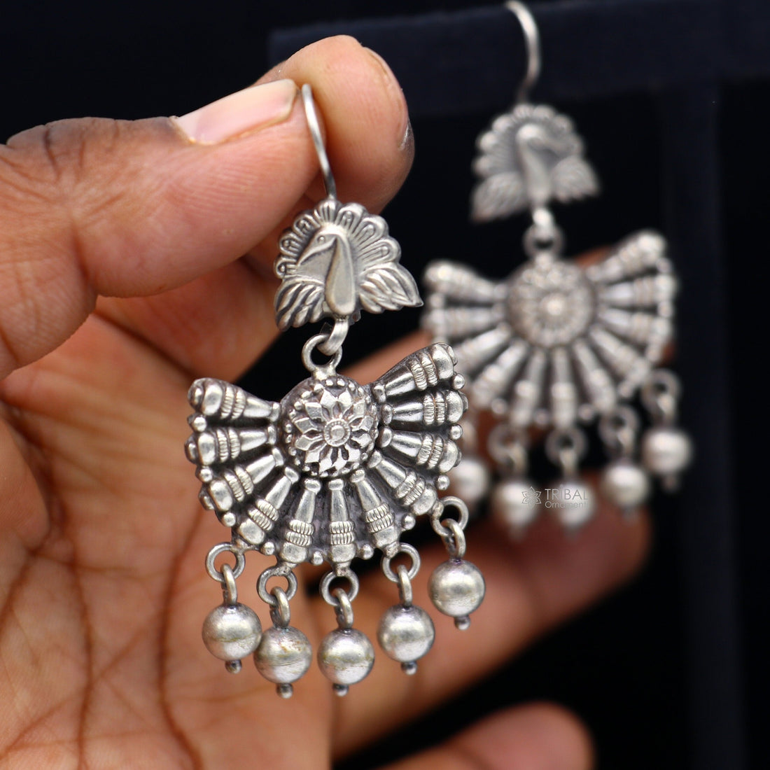 925 sterling silver handmade fabulous peacock design hoops earrings with hanging drops tribal ethnic brides jewelry belly dance india s1160 - TRIBAL ORNAMENTS