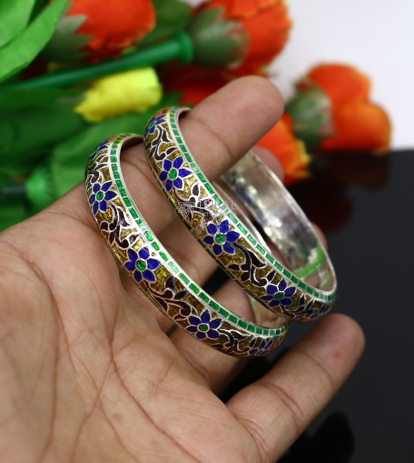 925 Sterling silver Traditional cultural design meenakari (color enamel )bangles bracelet brides trendy style jewelry from india nba362 - TRIBAL ORNAMENTS