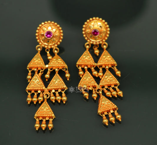 Vintage traditional cultural design fabulous 22kt yellow gold handmade ethnic tribal earrings women's tribal jewelry from India ear169 - TRIBAL ORNAMENTS