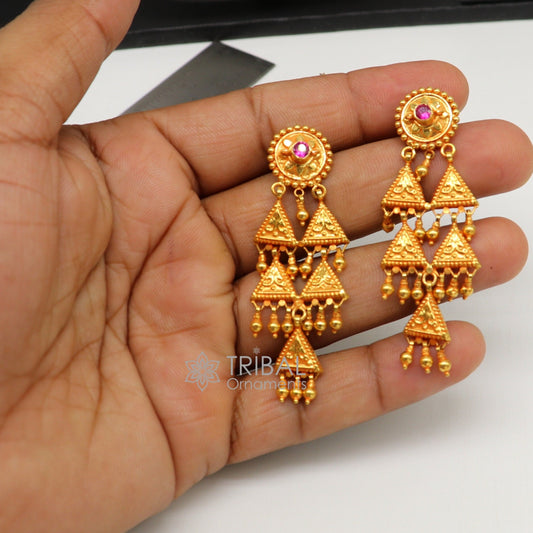 Vintage traditional cultural design fabulous 22kt yellow gold handmade ethnic tribal earrings women's tribal jewelry from India ear169 - TRIBAL ORNAMENTS