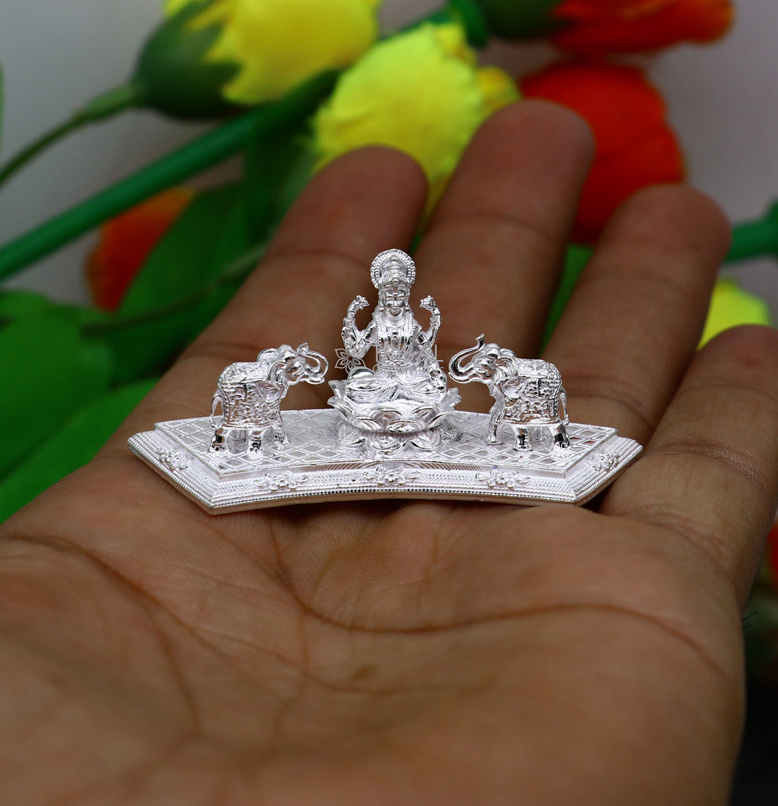 925 Sterling silver handmade Indian Idols Goddess Laxmi with elephant Statue figurine, puja articles Diwali puja gift art625 - TRIBAL ORNAMENTS