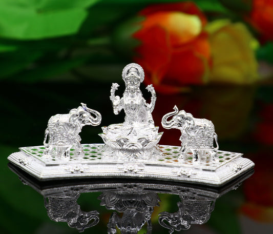 925 Sterling silver handmade Indian Idols Goddess Laxmi with elephant Statue figurine, puja articles Diwali puja gift art626 - TRIBAL ORNAMENTS