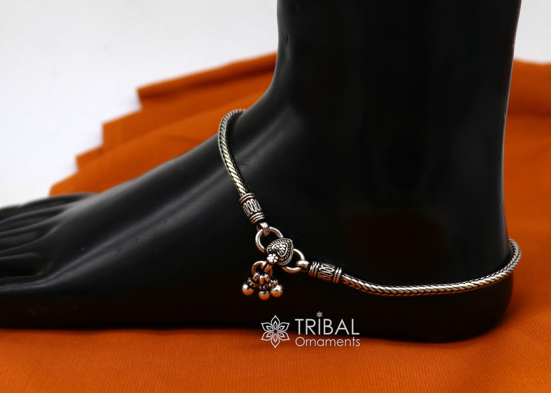 3mm 925 Sterling silver handmade wheat chain ankle bracelet, vintage oxidized charm anklets, tribal belly dance customized jewelry nank575 - TRIBAL ORNAMENTS