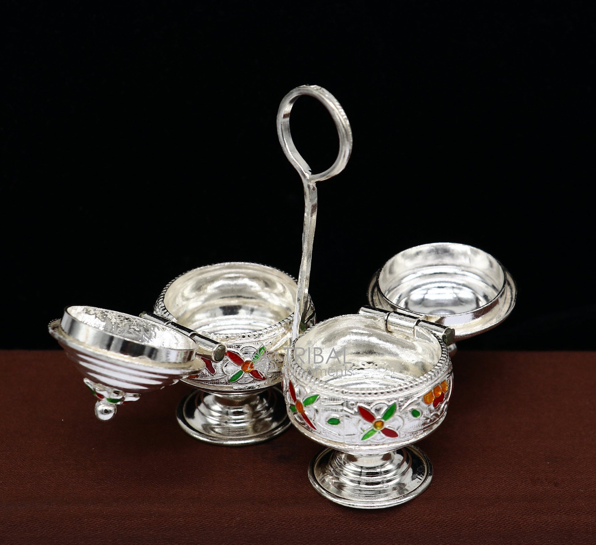 925 silver Vintage design trinket box, excellent kumkum/ sindur, sandal, saffron tilak box, silver kamandalam puja utensils stb788 - TRIBAL ORNAMENTS