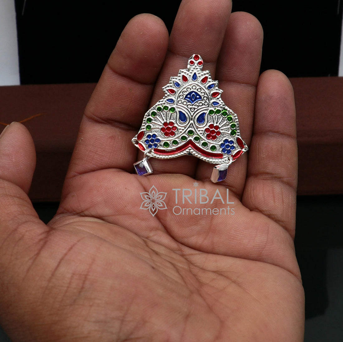 925 sterling silver vintage antique design mukut (crown), amazing handmade enamel design silver god crown home temple god hat su1046 - TRIBAL ORNAMENTS