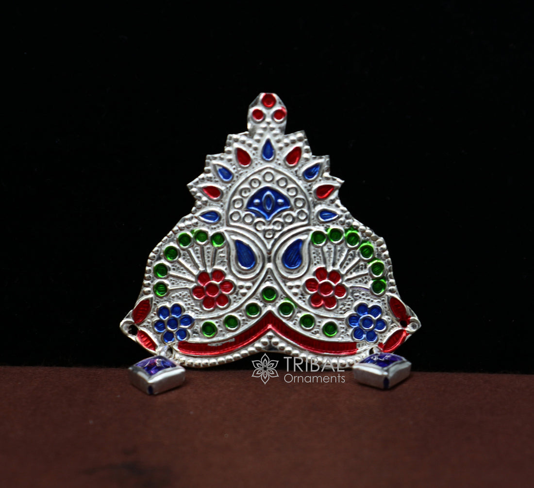 925 sterling silver vintage antique design mukut (crown), amazing handmade enamel design silver god crown home temple god hat su1046 - TRIBAL ORNAMENTS