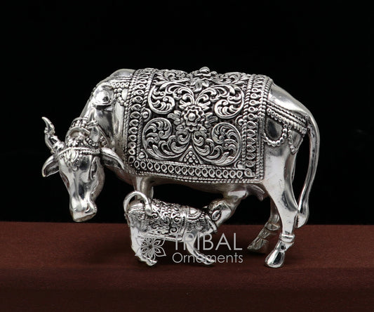 3" x 2.2" cow 925 sterling silver Kamdhenu cow, deity's cow, wishing cow, silver worshipping article for wealth and prosperity art630 - TRIBAL ORNAMENTS