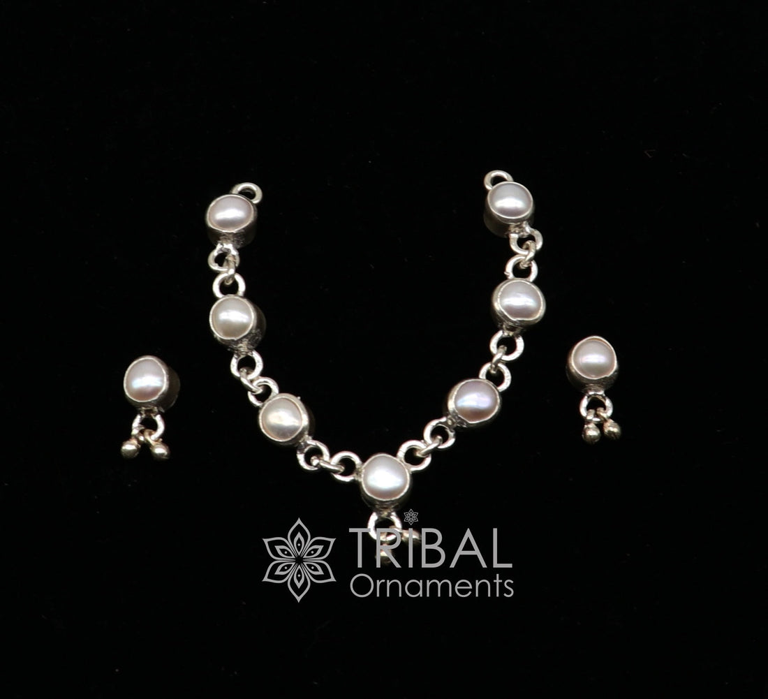 925 sterling silver Single line pearl chain necklace set for Lord Krishna Laddu Gopala, silver handmade little Krishna jewelry set587 - TRIBAL ORNAMENTS