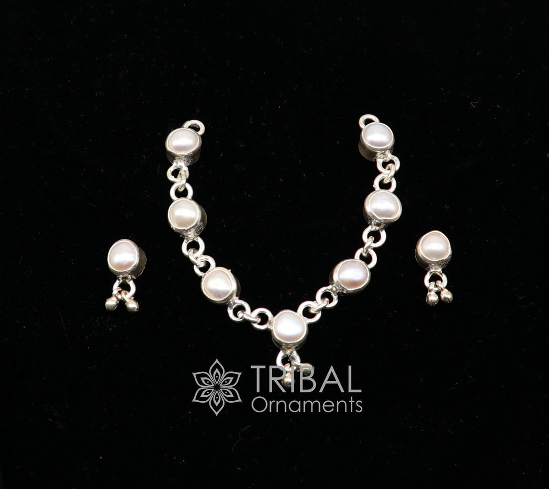 925 sterling silver Single line pearl chain necklace set for Lord Krishna Laddu Gopala, silver handmade little Krishna jewelry set587 - TRIBAL ORNAMENTS