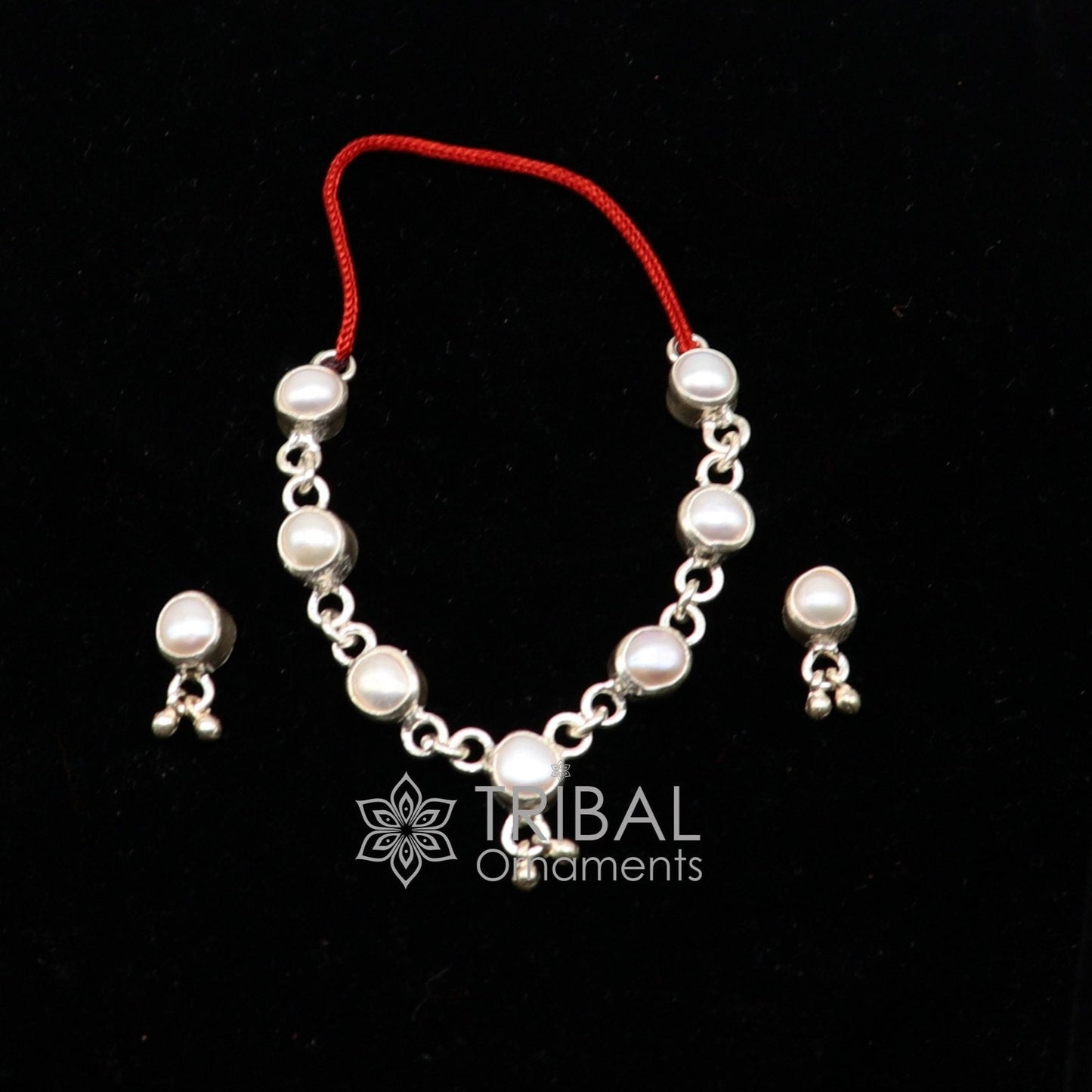 925 sterling silver Single line pearl chain necklace set for Lord Krishna Laddu Gopala, silver handmade little Krishna jewelry set587 - TRIBAL ORNAMENTS