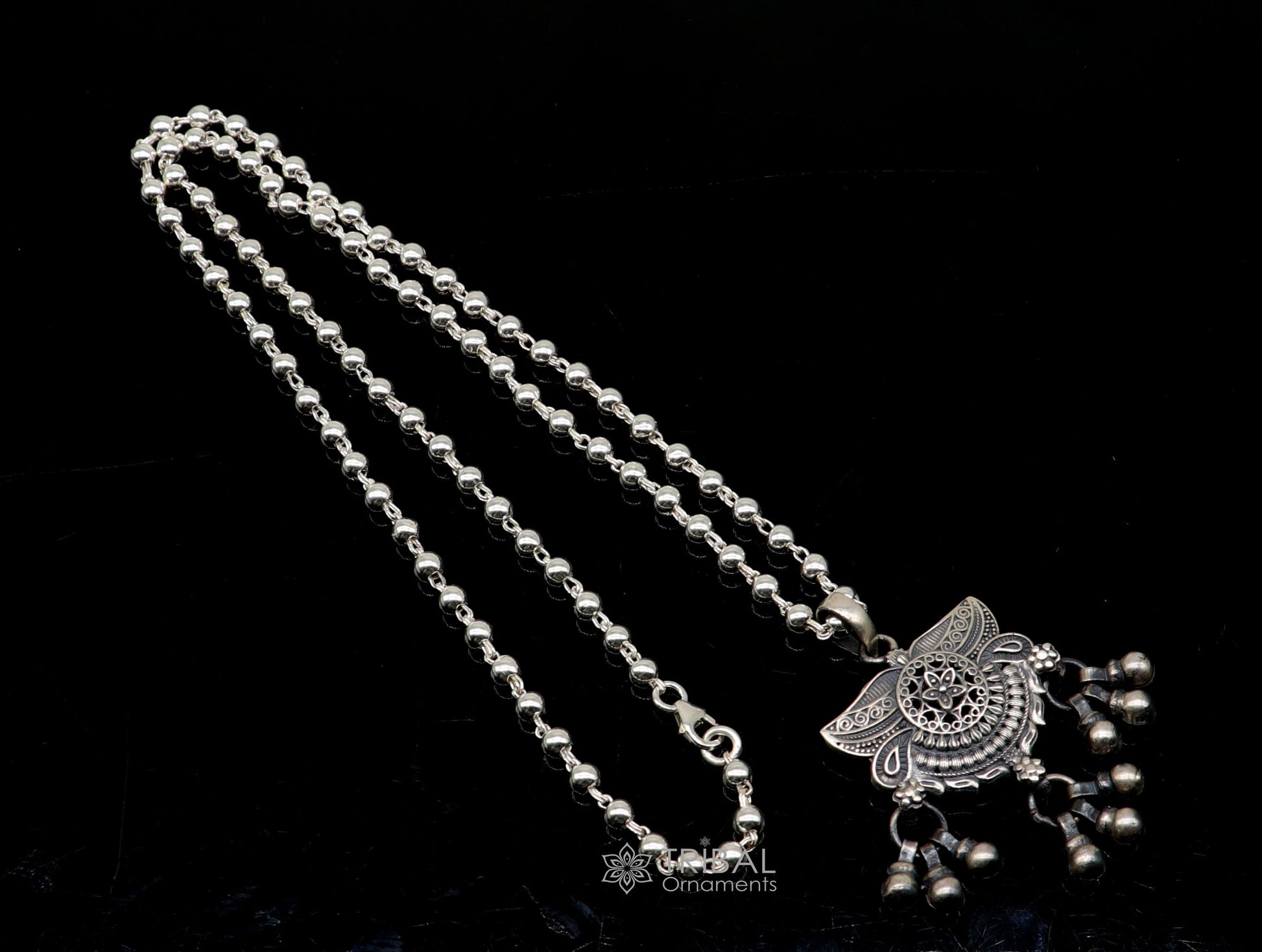 925 sterling silver handmade vintage beaded chain necklace amazing floral pendant with hanging drops, ethnic tribal long set jewelry set588 - TRIBAL ORNAMENTS