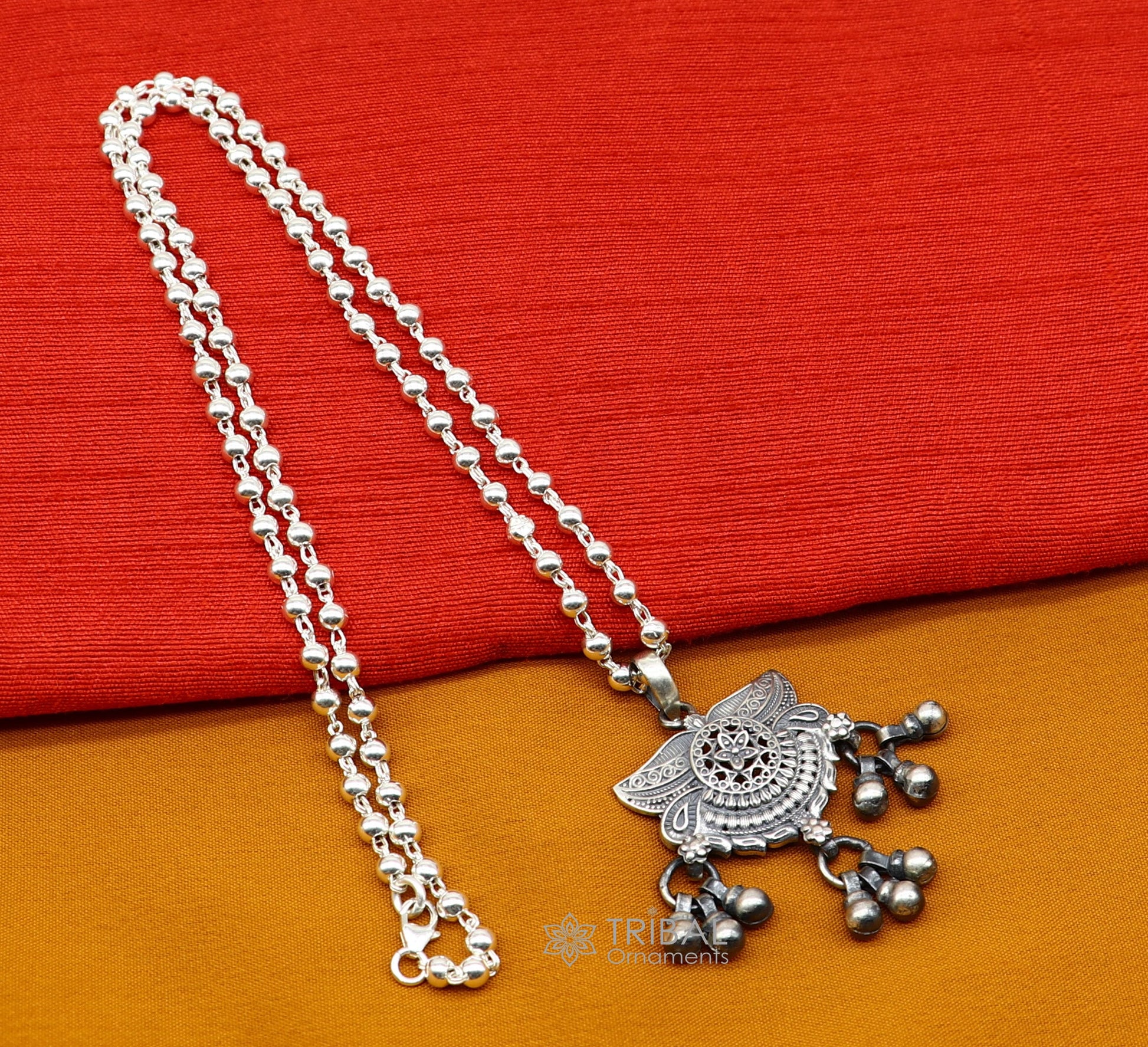 925 sterling silver handmade vintage beaded chain necklace amazing floral pendant with hanging drops, ethnic tribal long set jewelry set588 - TRIBAL ORNAMENTS
