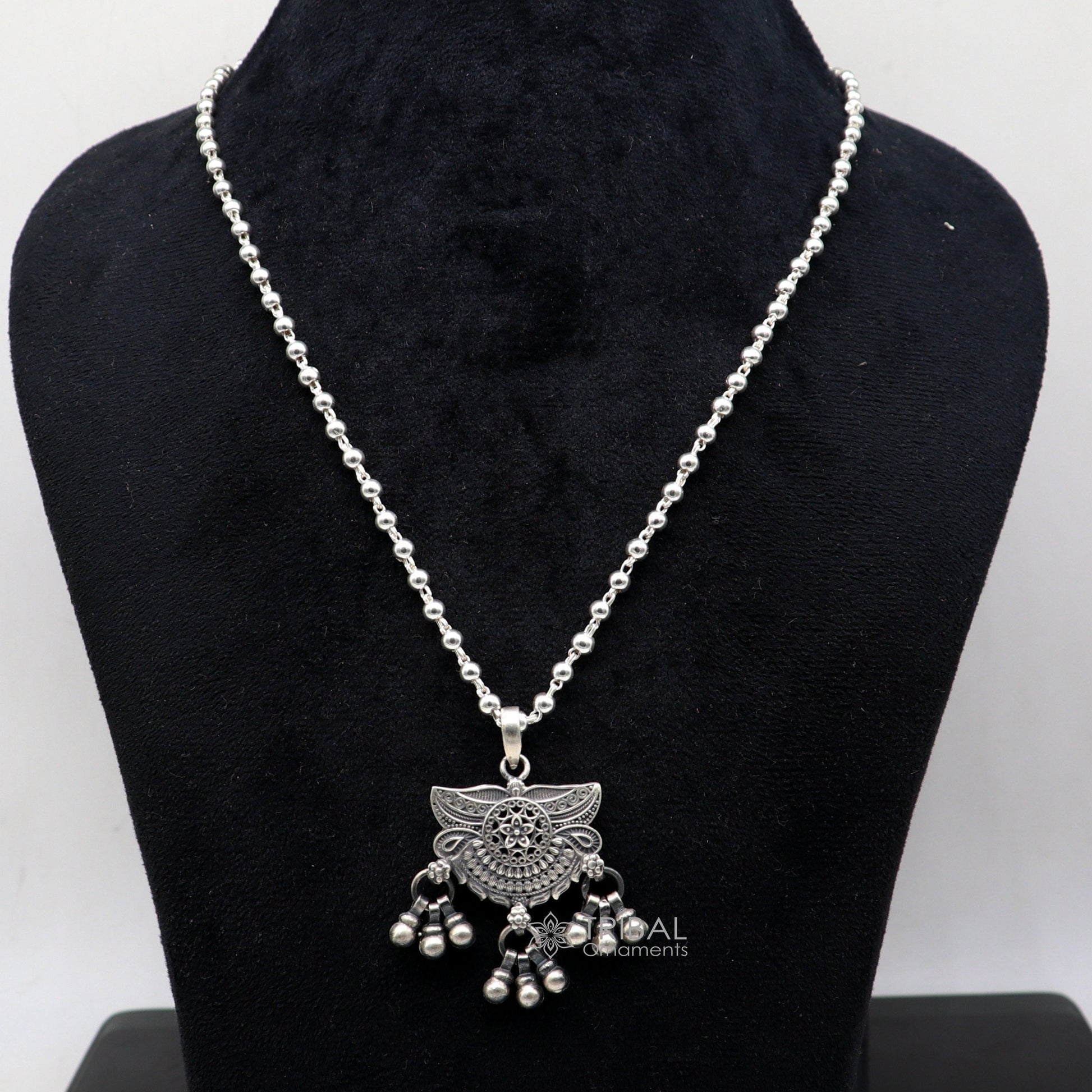 925 sterling silver handmade vintage beaded chain necklace amazing floral pendant with hanging drops, ethnic tribal long set jewelry set588 - TRIBAL ORNAMENTS