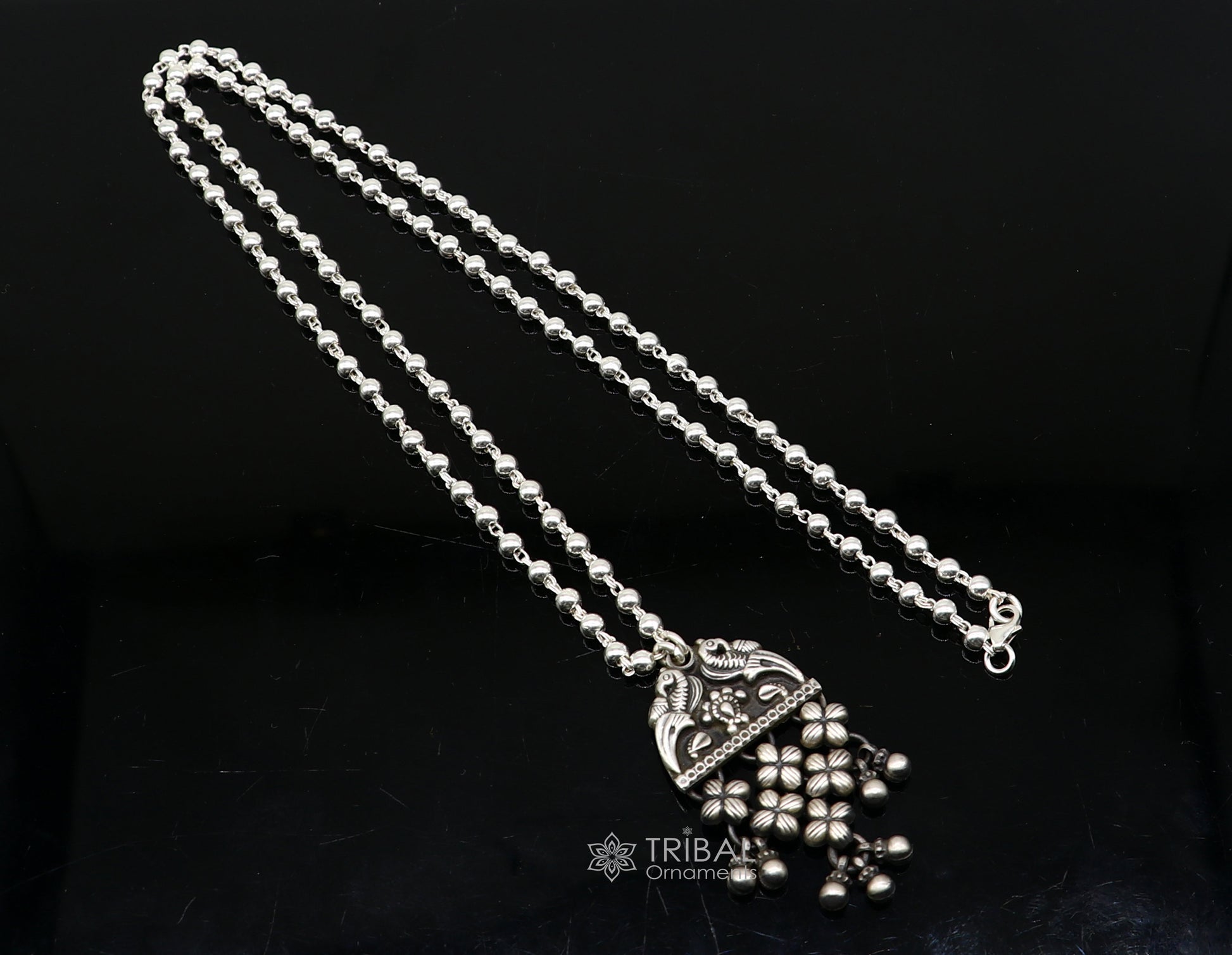 925 sterling silver handmade vintage beaded chain necklace amazing peacock pendant with hanging drops, ethnic tribal long set jewelry set589 - TRIBAL ORNAMENTS