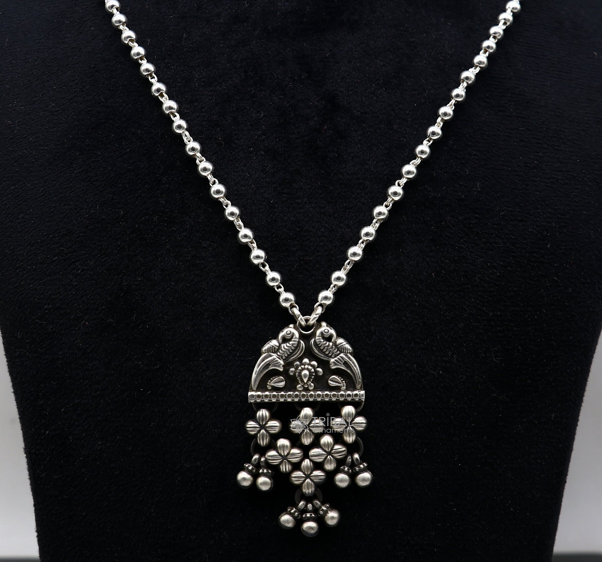 925 sterling silver handmade vintage beaded chain necklace amazing peacock pendant with hanging drops, ethnic tribal long set jewelry set589 - TRIBAL ORNAMENTS