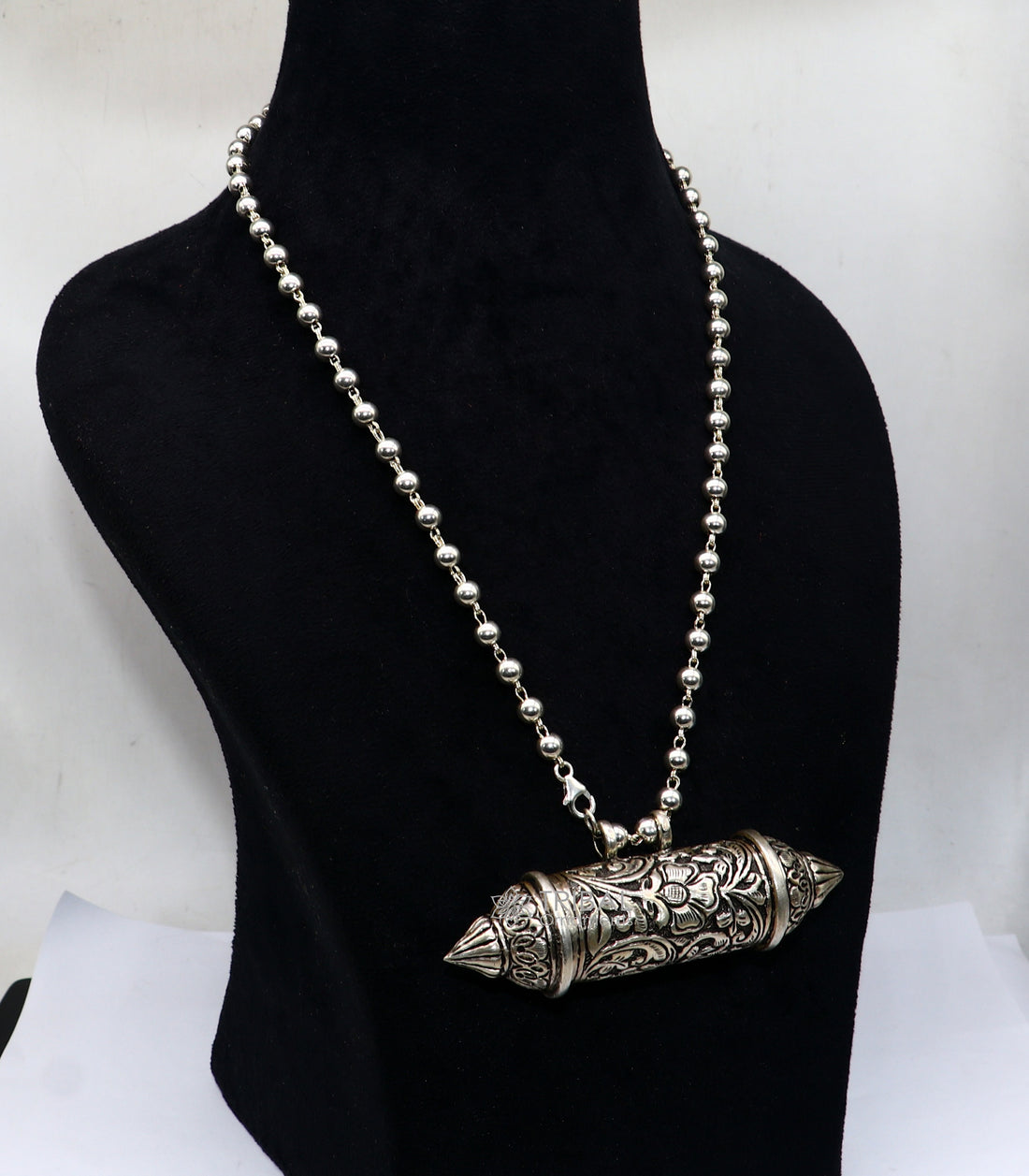925 Sterling silver handmade Nakshai design pendant amulet mantra box pendant with beaded necklace tribal ethnic cultural jewelry set605 - TRIBAL ORNAMENTS
