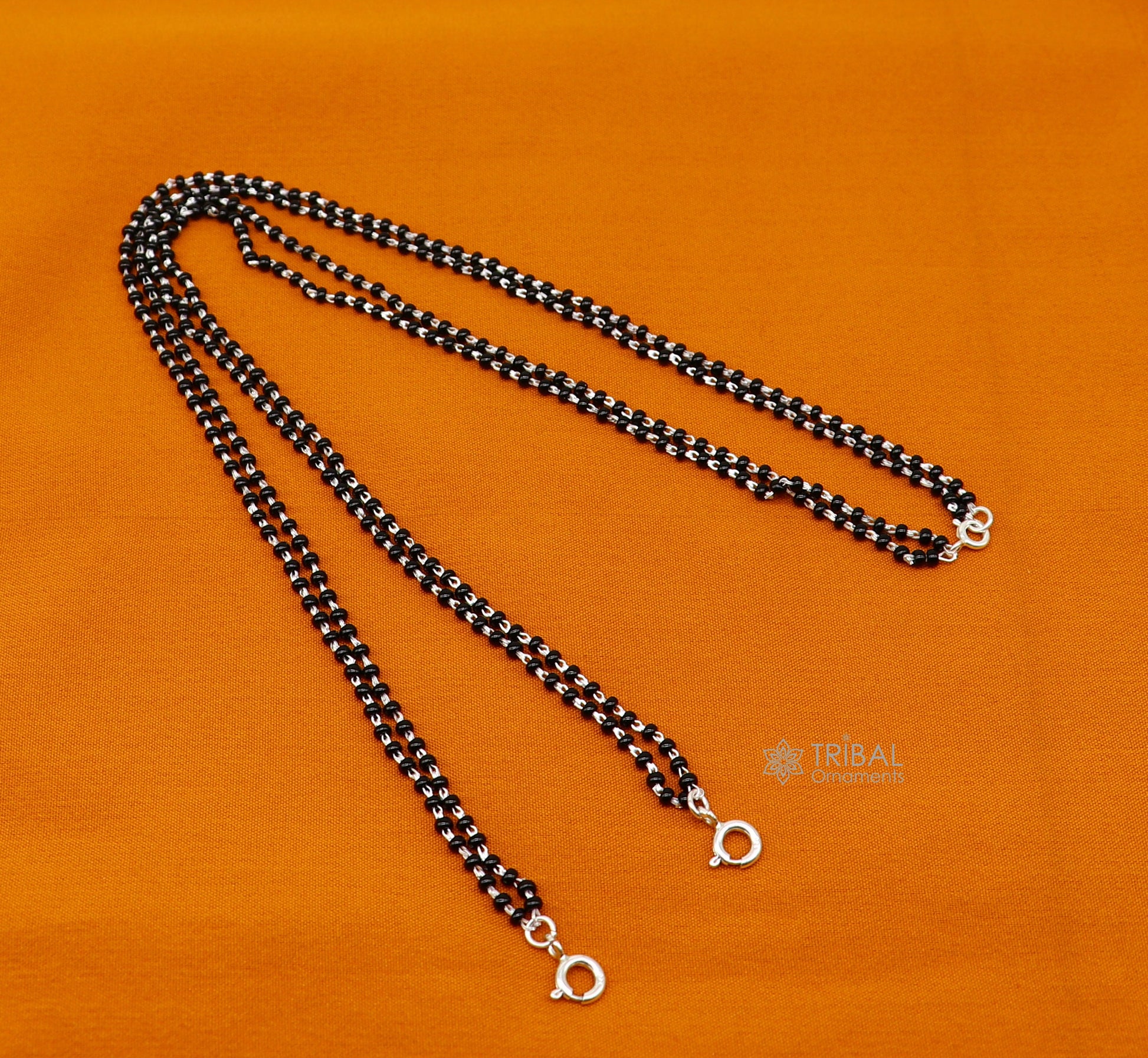 925 sterling silver 2.2mm black beads 2 line chain, vintage Cultural fancy necklace, traditional style brides Mangalsutra chain India ch555 - TRIBAL ORNAMENTS