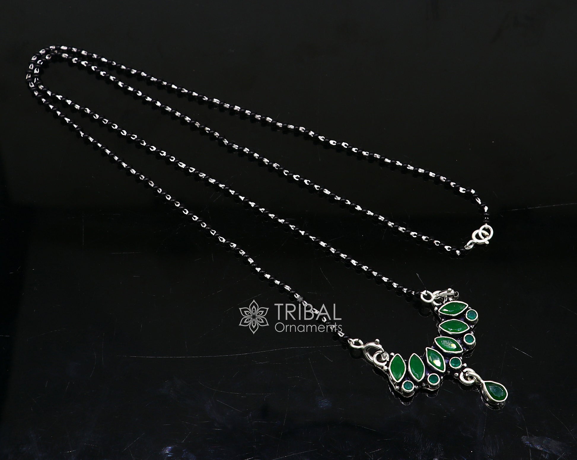 925 sterling silver black beads chain mangal sutra necklace for daily use brides Mangalsutra chunky necklace green stone pendant ms51 - TRIBAL ORNAMENTS