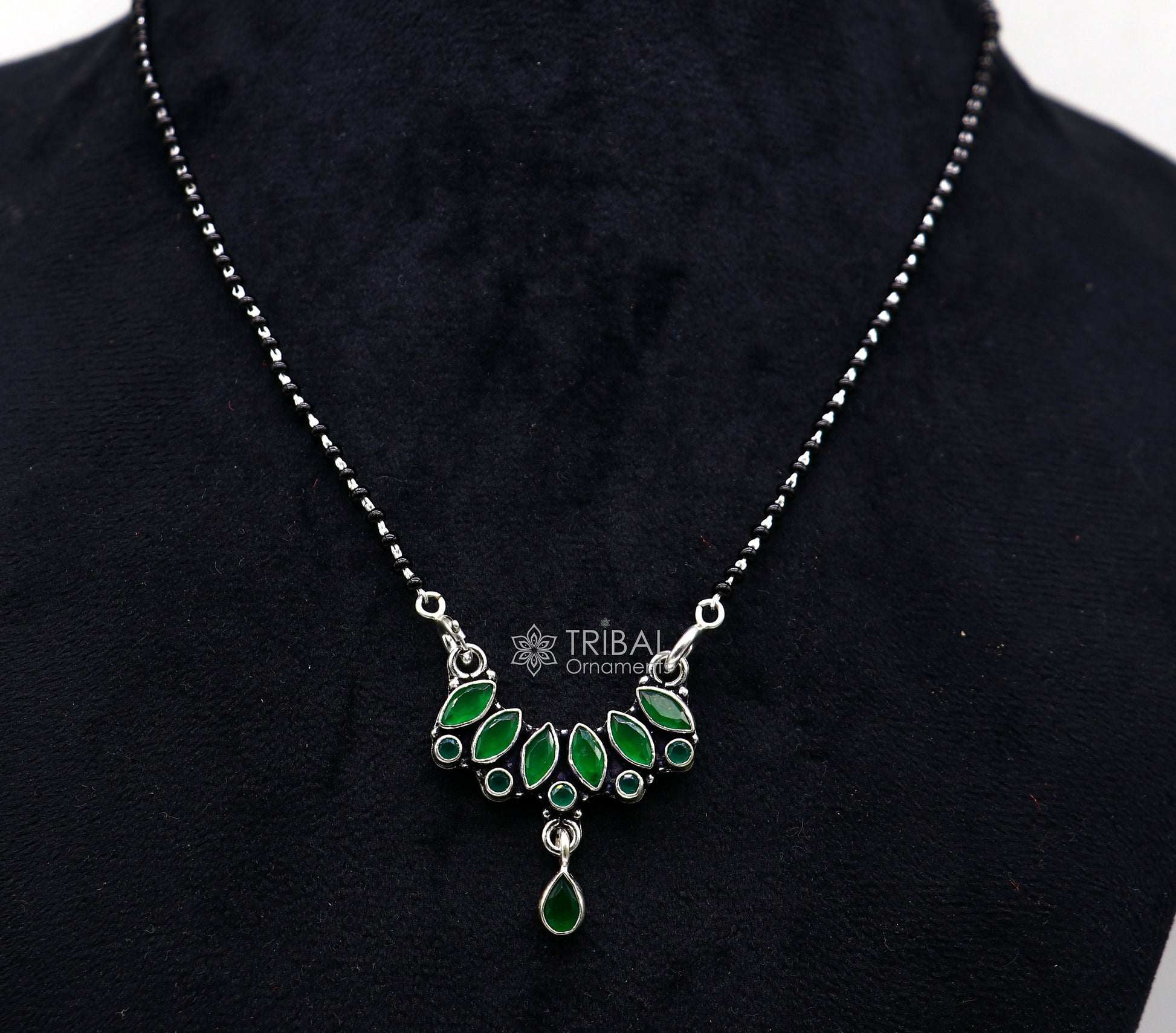 925 sterling silver black beads chain mangal sutra necklace for daily use brides Mangalsutra chunky necklace green stone pendant ms51 - TRIBAL ORNAMENTS