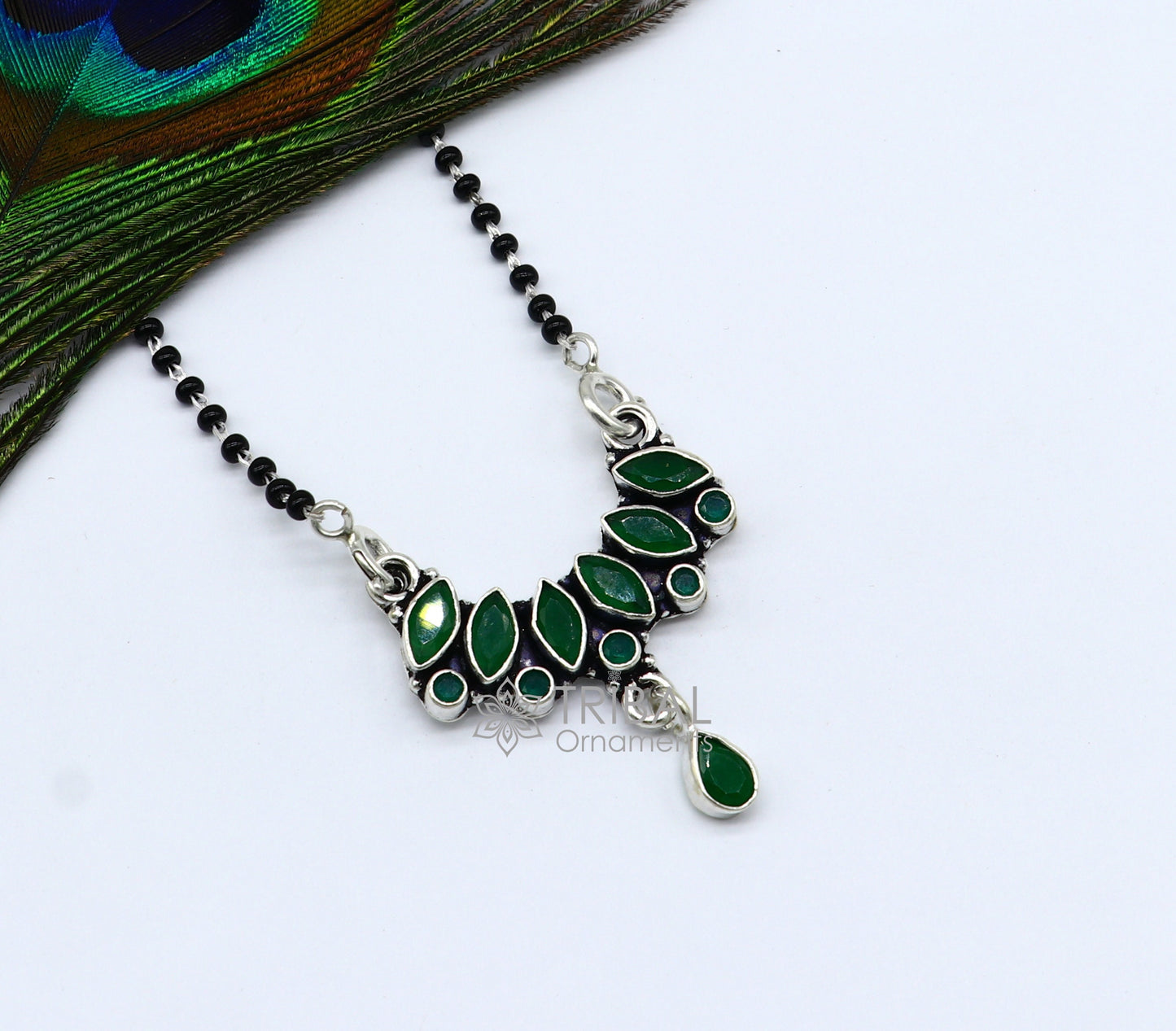 925 sterling silver black beads chain mangal sutra necklace for daily use brides Mangalsutra chunky necklace green stone pendant ms51 - TRIBAL ORNAMENTS