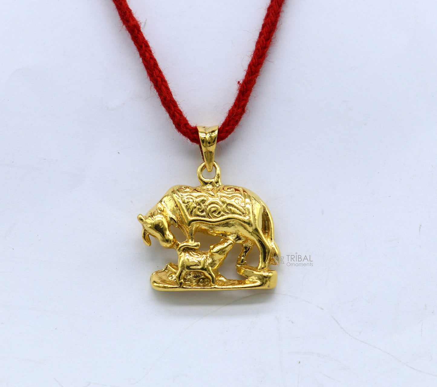 925 sterling silver handmade elegant divine kamdhenu cow with calf pendant, amazing gold polished cow and calf pendant best gift nsp605 - TRIBAL ORNAMENTS