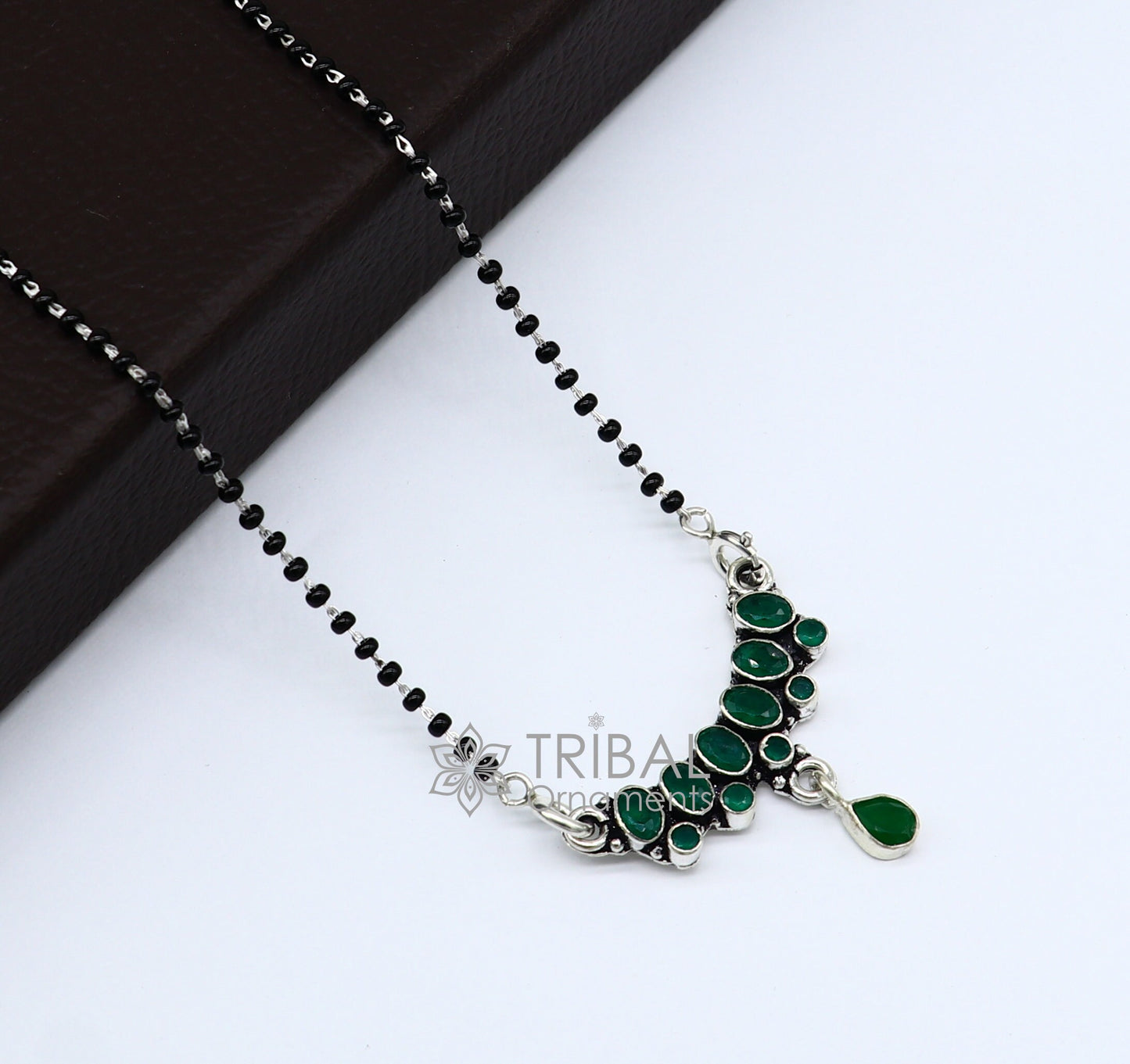 925 sterling silver black beads chain mangal sutra necklace for daily use brides Mangalsutra chunky necklace green stone pendant ms52 - TRIBAL ORNAMENTS