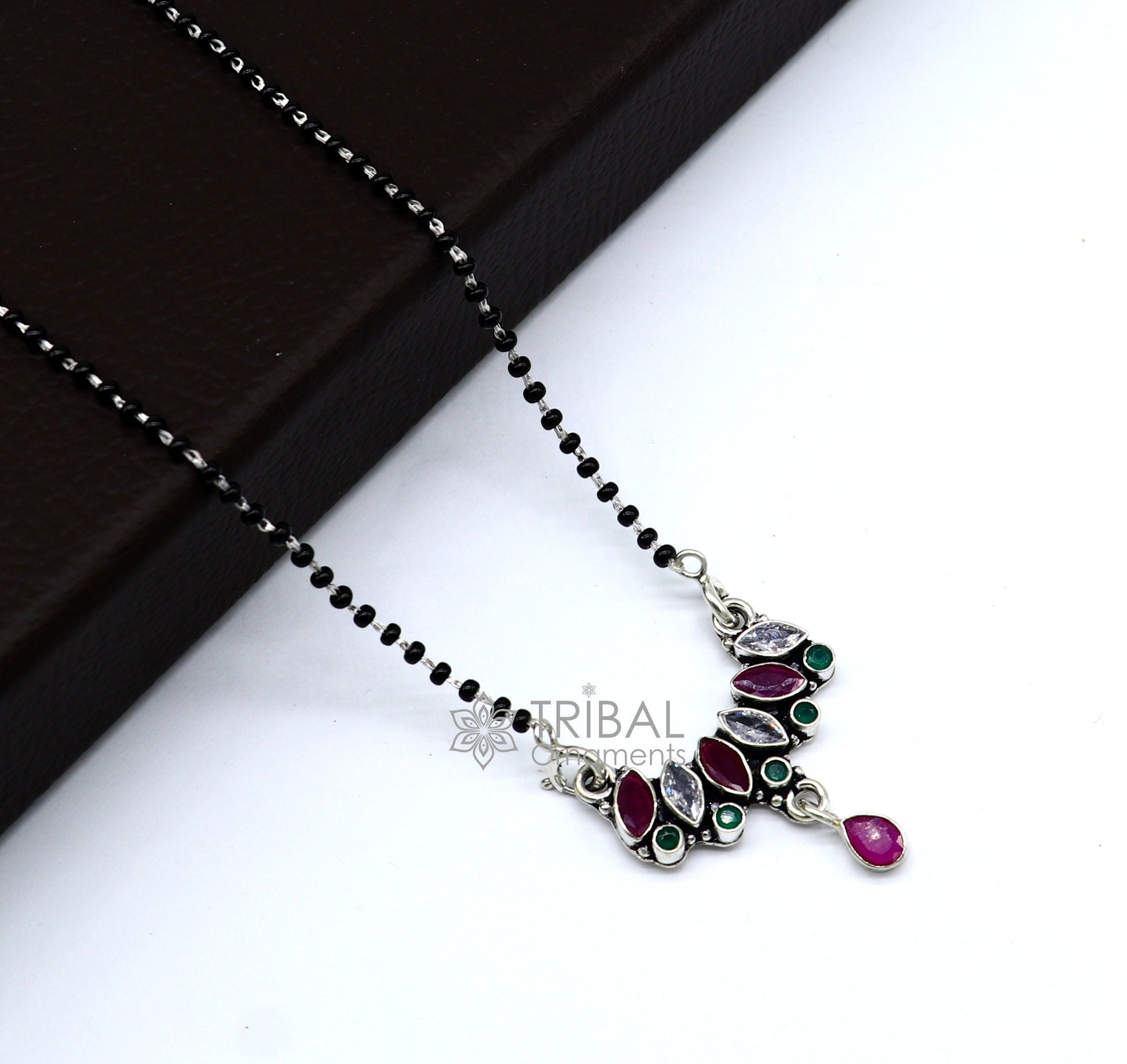 925 sterling silver black beads chain mangal sutra necklace for daily use brides Mangalsutra chunky necklace green red pendant ms55 - TRIBAL ORNAMENTS