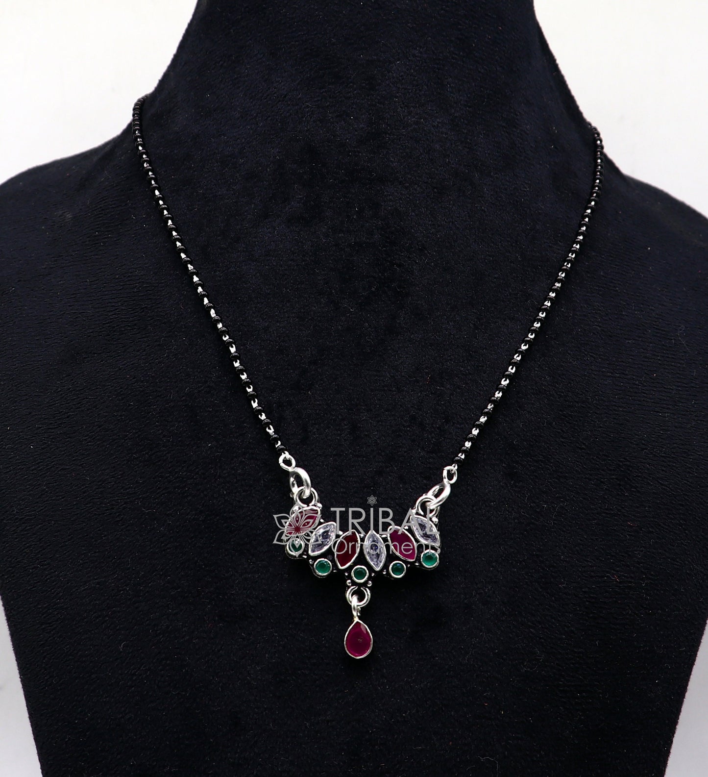 925 sterling silver black beads chain mangal sutra necklace for daily use brides Mangalsutra chunky necklace green red pendant ms55 - TRIBAL ORNAMENTS