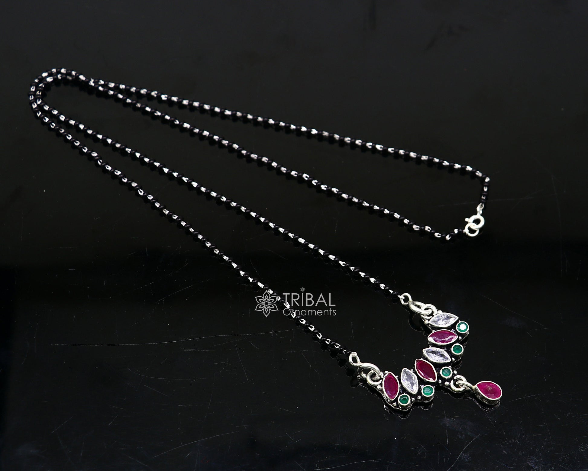 925 sterling silver black beads chain mangal sutra necklace for daily use brides Mangalsutra chunky necklace green red pendant ms55 - TRIBAL ORNAMENTS