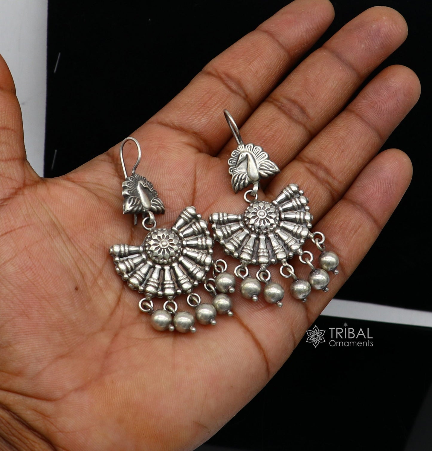 925 sterling silver handmade fabulous peacock design hoops earrings with hanging drops tribal ethnic brides jewelry belly dance india s1160 - TRIBAL ORNAMENTS