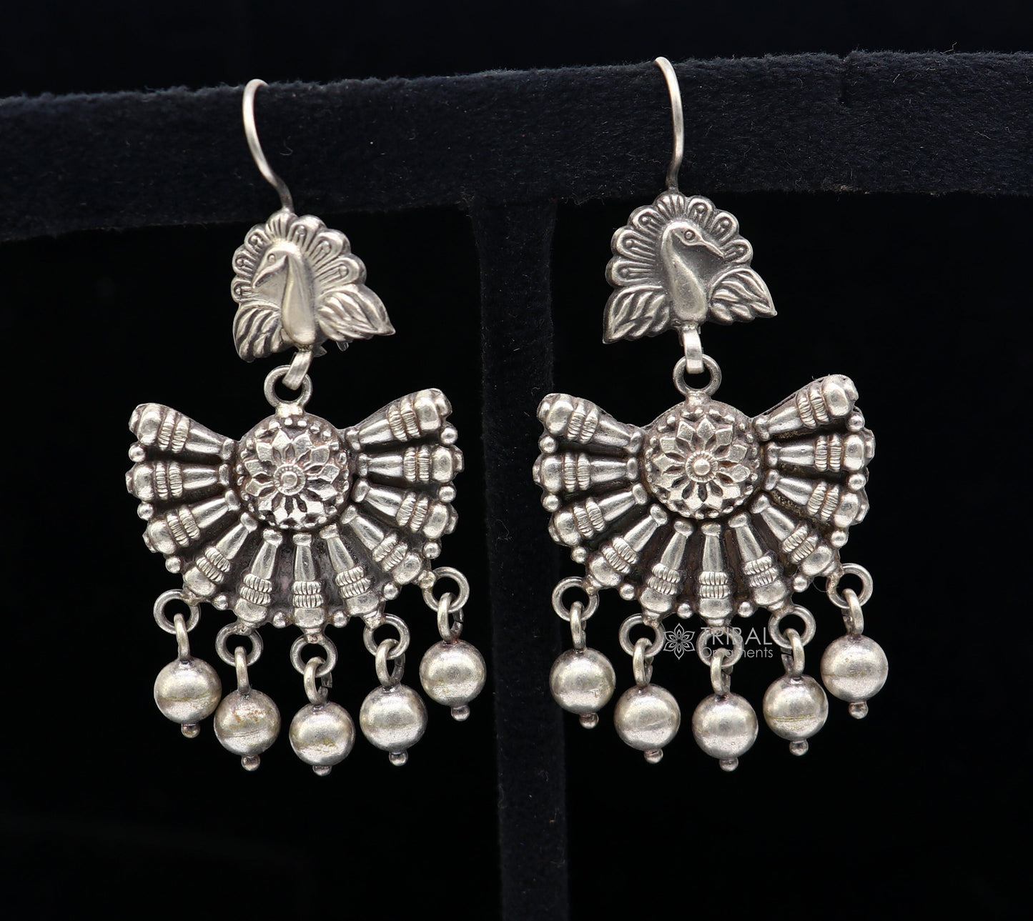 925 sterling silver handmade fabulous peacock design hoops earrings with hanging drops tribal ethnic brides jewelry belly dance india s1160 - TRIBAL ORNAMENTS