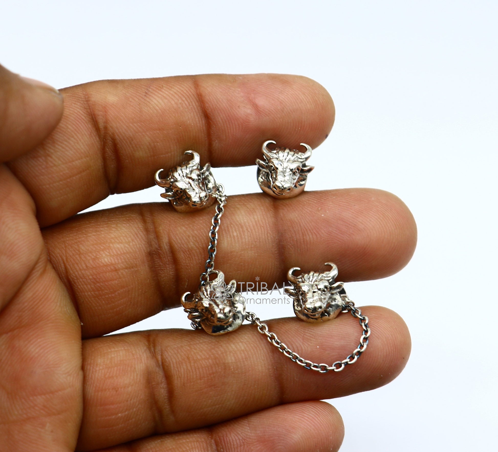 Bull head design 925 Sterling Silver set of 4 kurta Buttons for Fashion Perfection, silver cufflinks, cultural trendy jewelry btn38 - TRIBAL ORNAMENTS