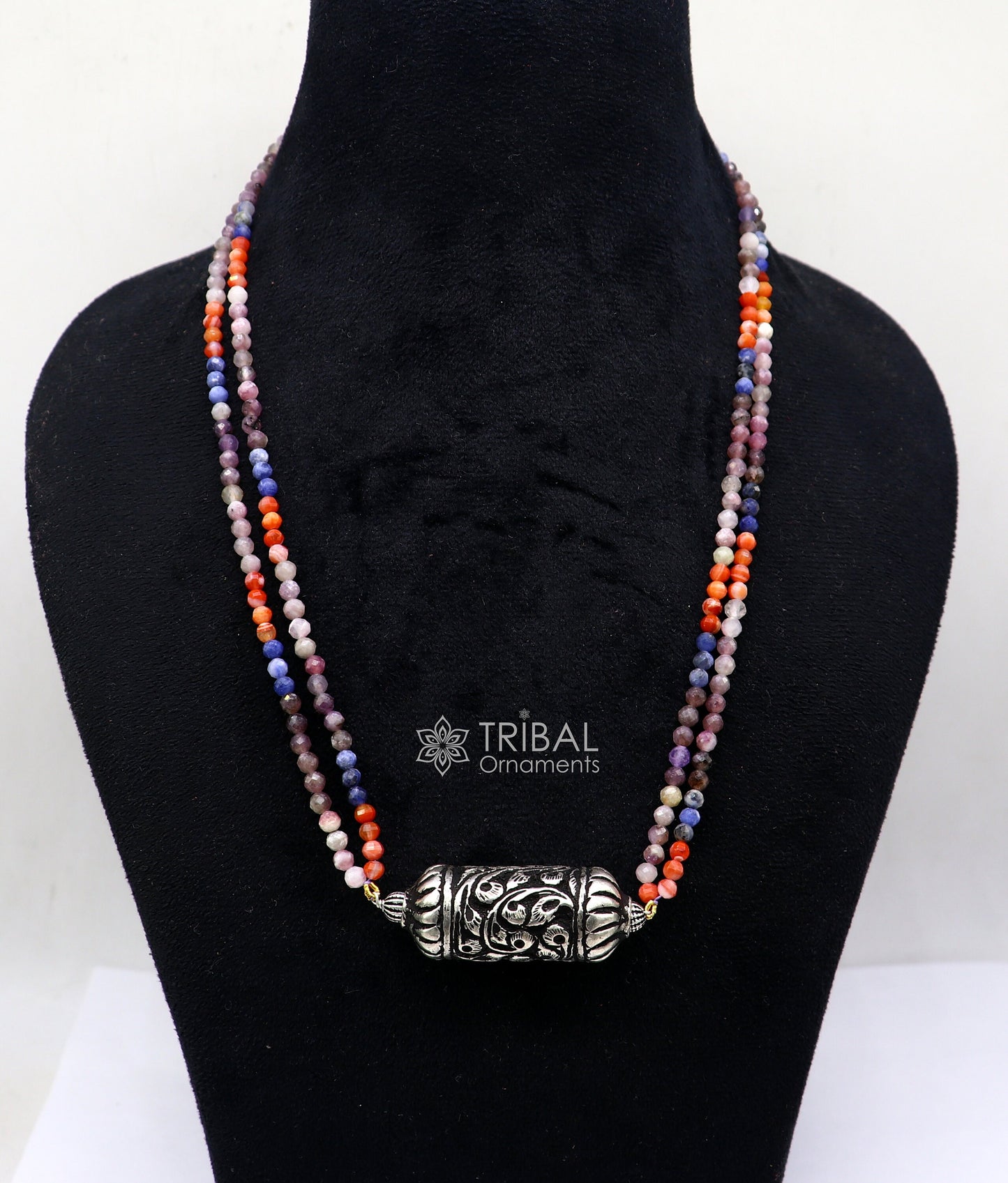 Indian traditional cultural style trendy natural stone beaded 925 sterling silver chitai nakshi work necklace, choker tribal jewelry set607 - TRIBAL ORNAMENTS