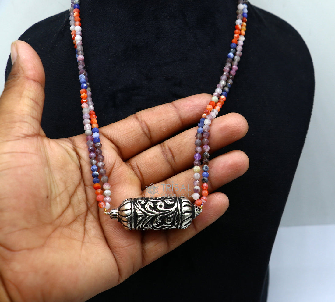 Indian traditional cultural style trendy natural stone beaded 925 sterling silver chitai nakshi work necklace, choker tribal jewelry set607 - TRIBAL ORNAMENTS