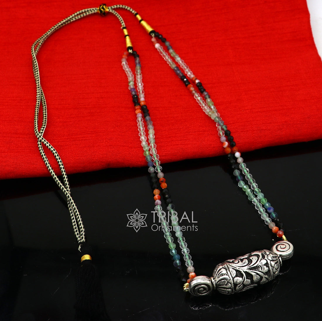 Indian traditional cultural style trendy natural stone beaded 925 sterling silver chitai nakshi work necklace, choker tribal jewelry set608 - TRIBAL ORNAMENTS