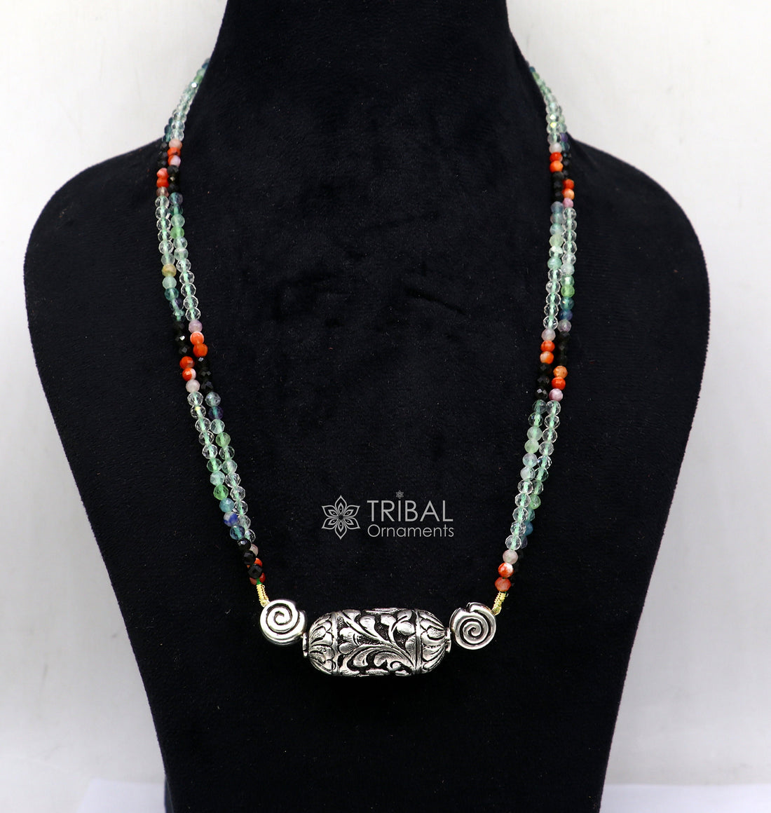 Indian traditional cultural style trendy natural stone beaded 925 sterling silver chitai nakshi work necklace, choker tribal jewelry set608 - TRIBAL ORNAMENTS