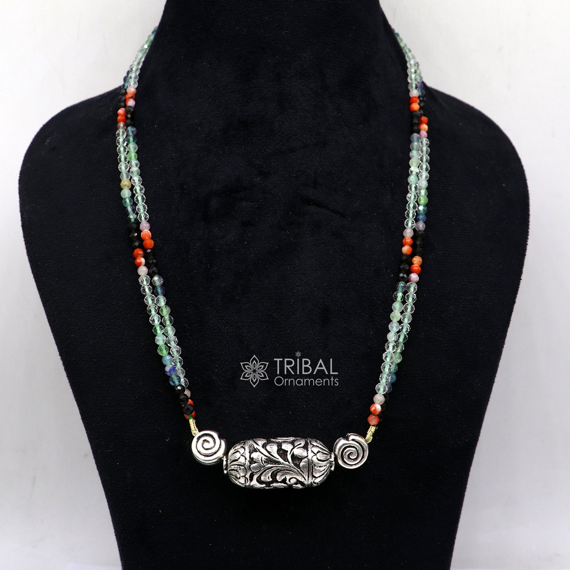 Indian traditional cultural style trendy natural stone beaded 925 sterling silver chitai nakshi work necklace, choker tribal jewelry set608 - TRIBAL ORNAMENTS