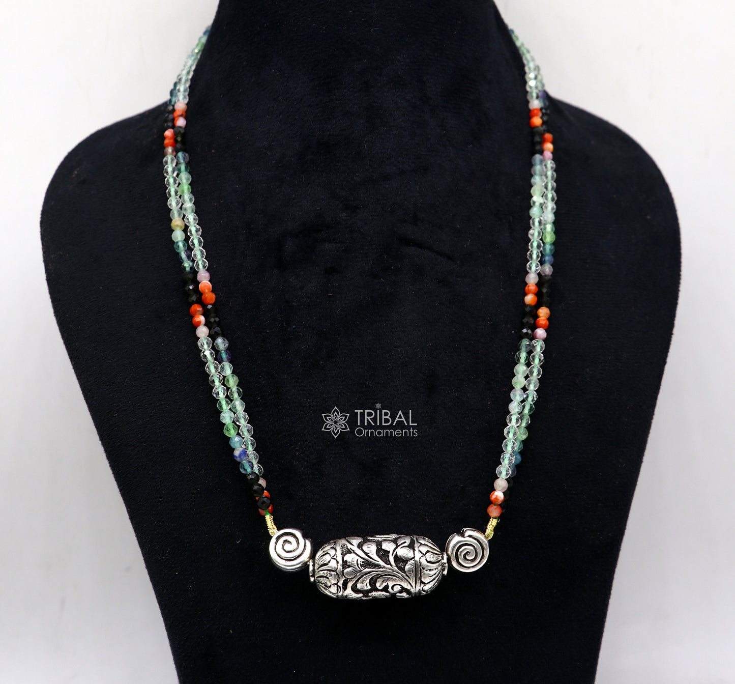 Indian traditional cultural style trendy natural stone beaded 925 sterling silver chitai nakshi work necklace, choker tribal jewelry set608 - TRIBAL ORNAMENTS