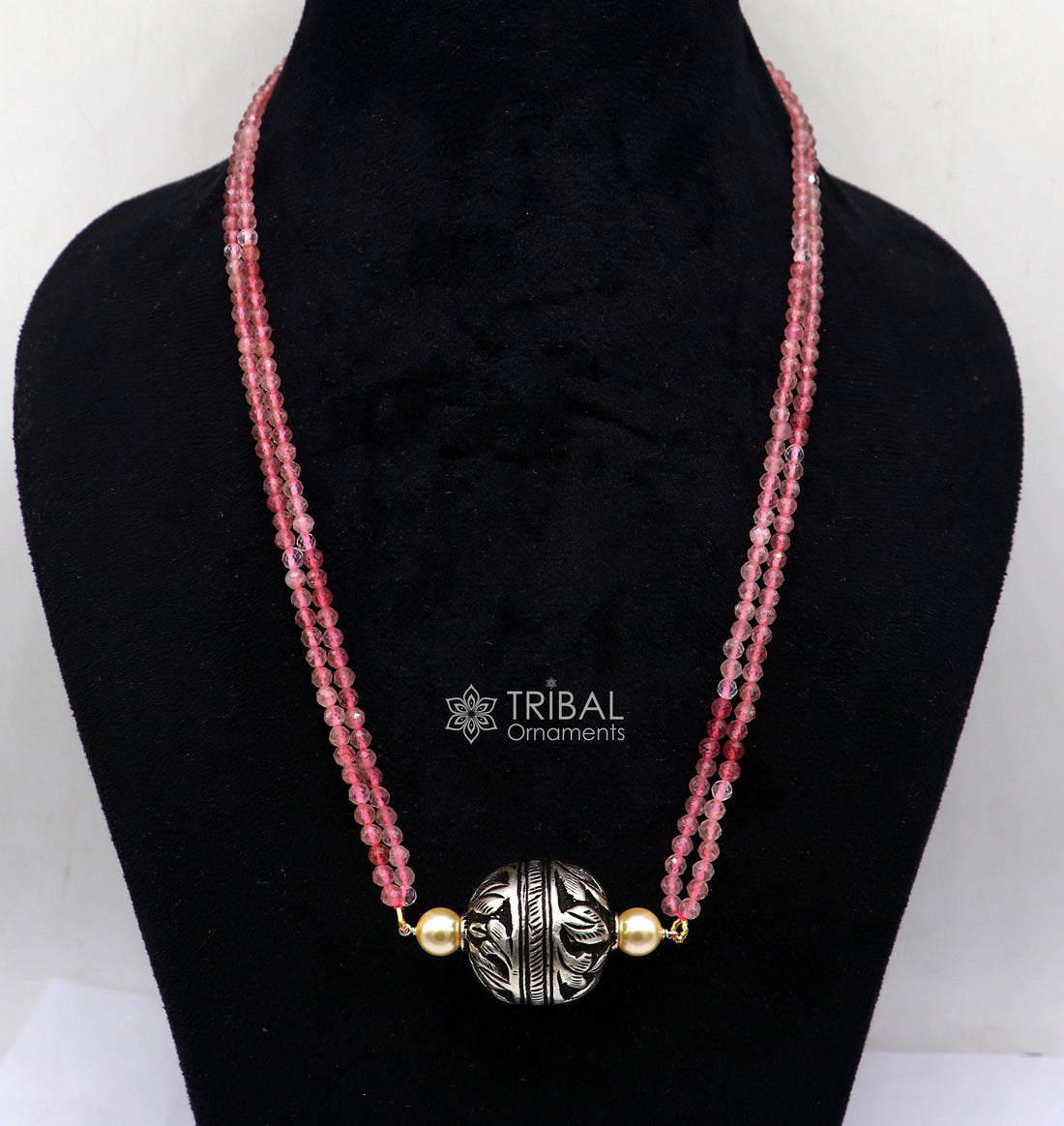 Indian traditional cultural trendy natural stone beaded 925 sterling silver balll pendant necklace, choker tribal ethnic jewelry set609 - TRIBAL ORNAMENTS