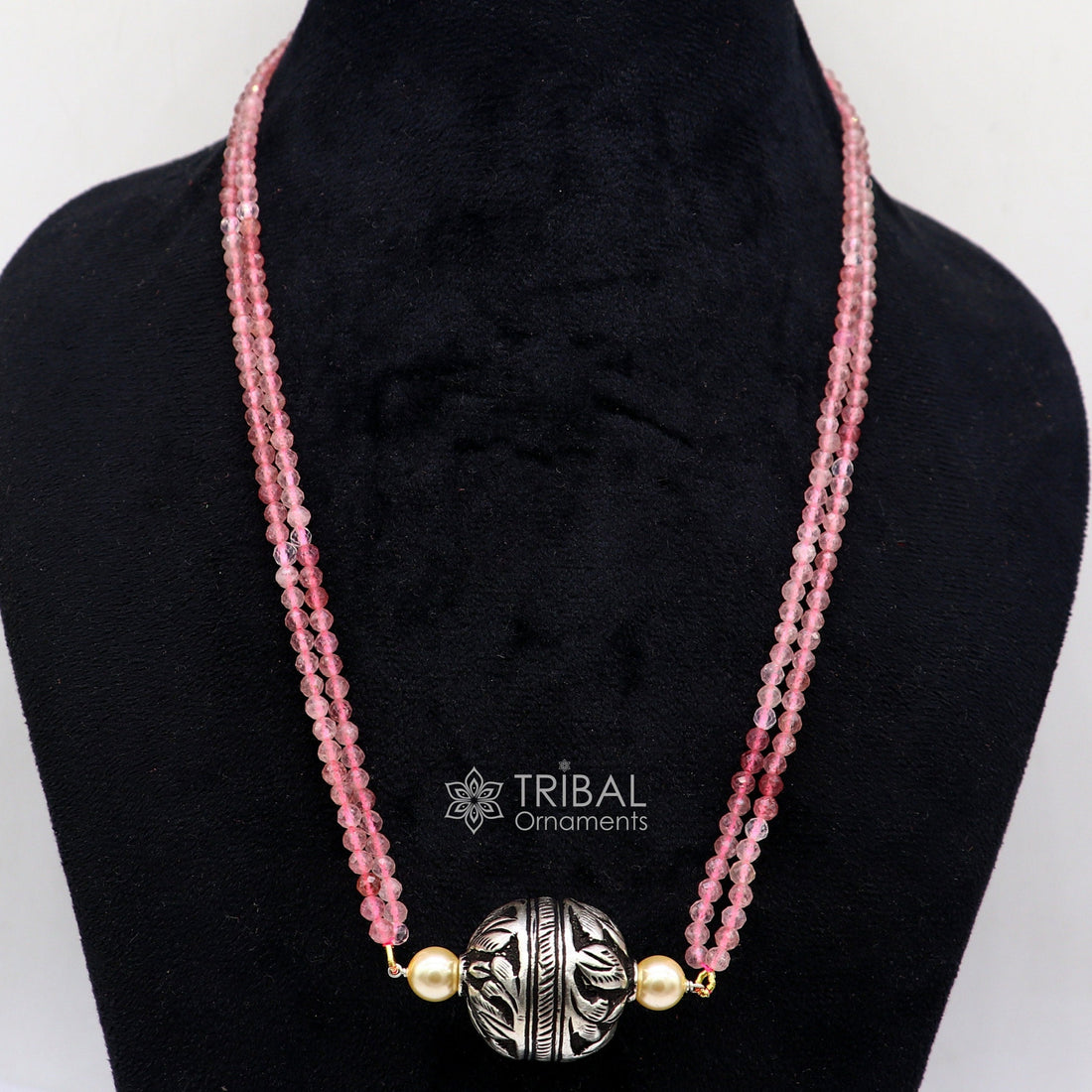 Indian traditional cultural trendy natural stone beaded 925 sterling silver balll pendant necklace, choker tribal ethnic jewelry set609 - TRIBAL ORNAMENTS