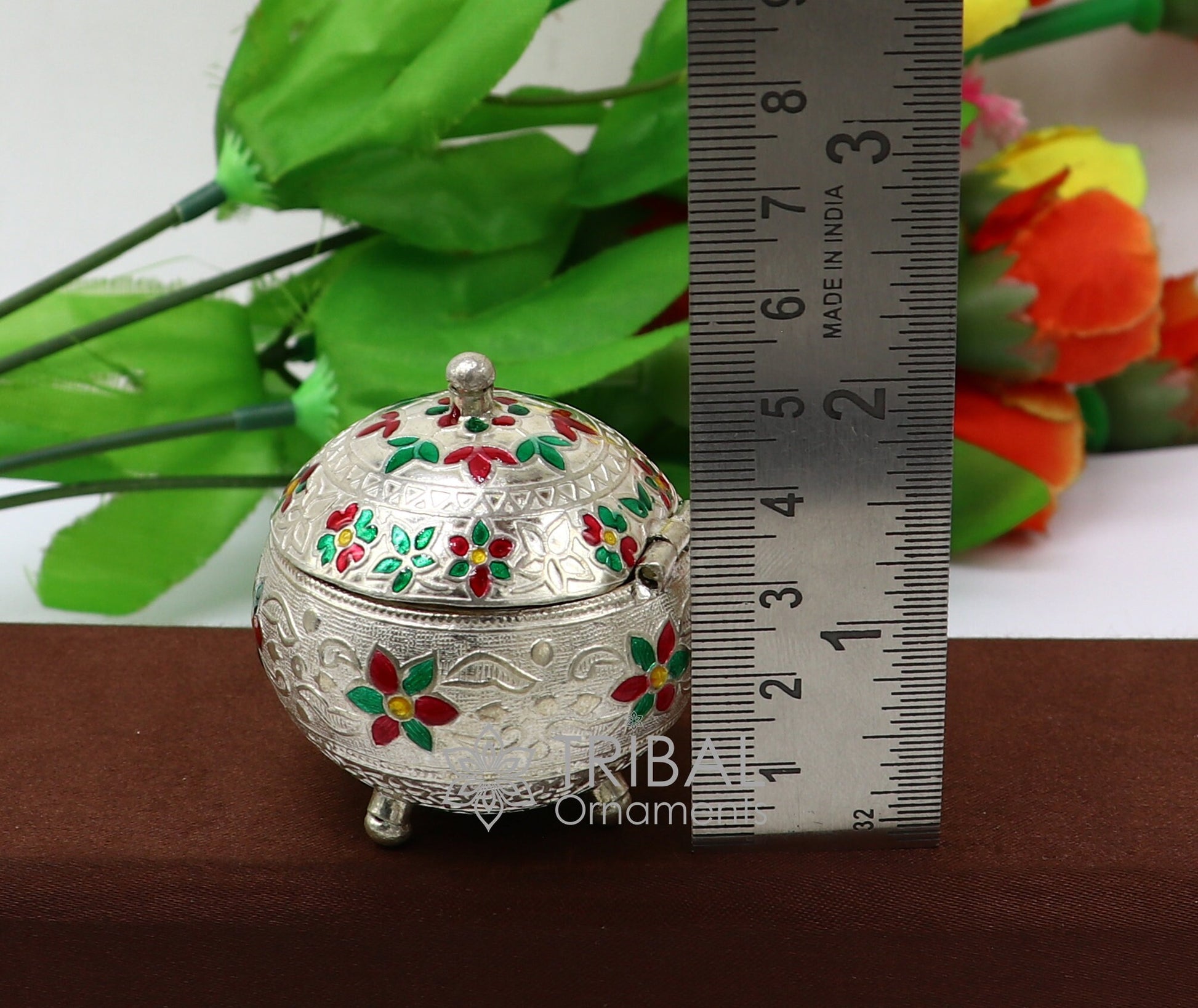 925 Sterling silver handmade fabulous trinket box, solid kumkum box, casket box, sindoor box, enamel work customized gifting box stb787 - TRIBAL ORNAMENTS