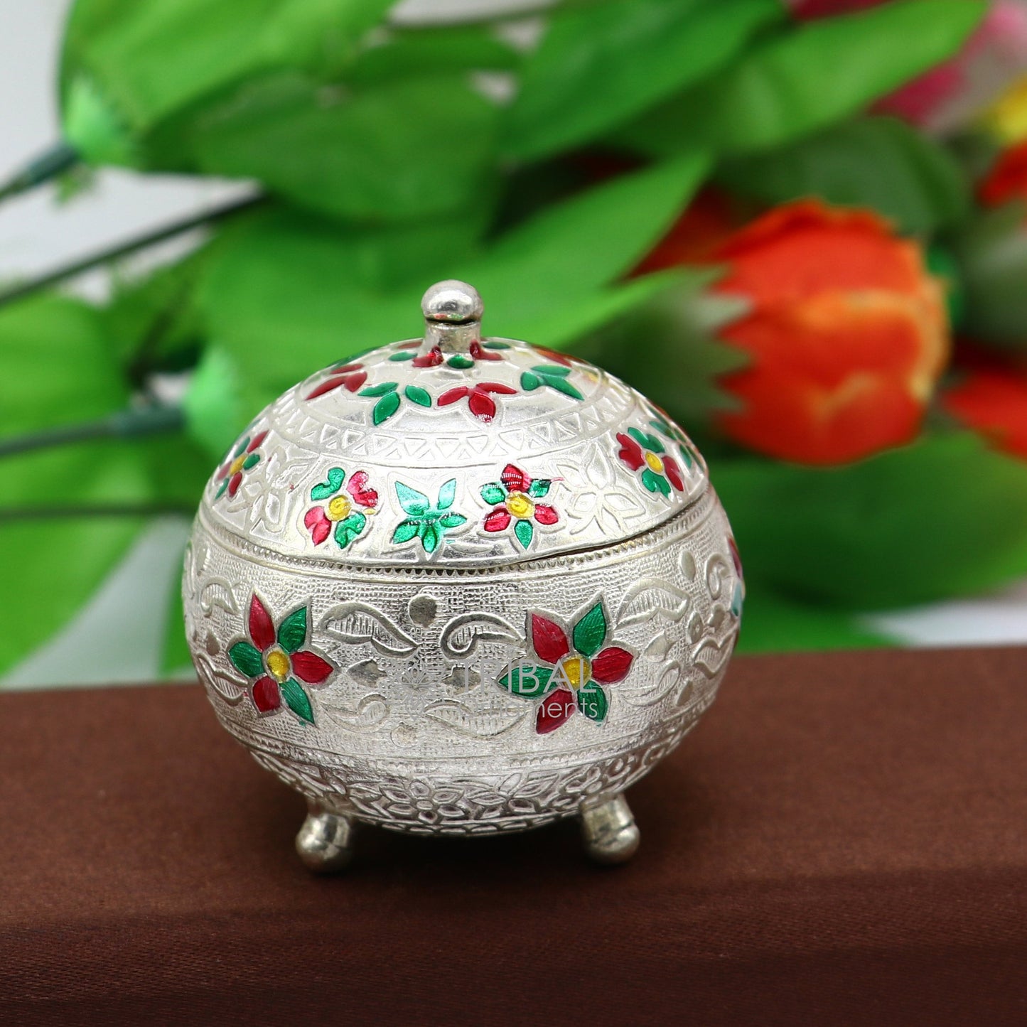 925 Sterling silver handmade fabulous trinket box, solid kumkum box, casket box, sindoor box, enamel work customized gifting box stb787 - TRIBAL ORNAMENTS